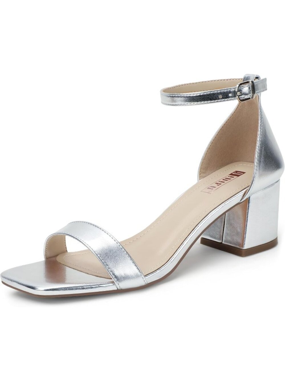 Women's Silver Chunky Block Low Square Open Toe Ankle Strap Heeled Sandals